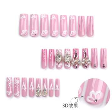 QQPPOLIU Long Square Press on Nails with Rhinestones Designs Fake Acrylic Nails Flower and Butterfly Press on Nails Goddess Press Ons Glue on Nails 24pcs