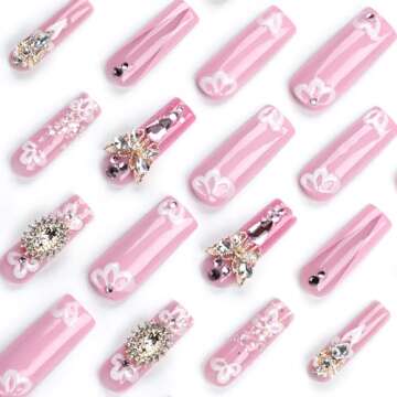 QQPPOLIU Long Square Press on Nails with Rhinestones Designs Fake Acrylic Nails Flower and Butterfly Press on Nails Goddess Press Ons Glue on Nails 24pcs