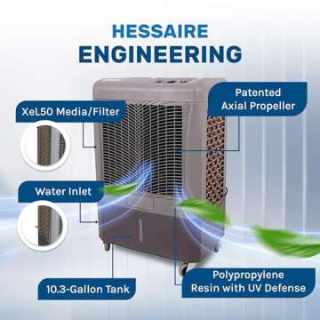 Portable Swamp Coolers - 3100 CFM MC37M Evaporative Air Cooler with 3-Speed Fan - Water Cooler Fan 950 sq. ft. Coverage High Velocity Outdoor Cooling Fan Swamp Cooler by Hessaire - Gray