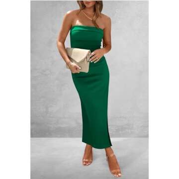 PRETTYGARDEN Women's Summer Bodycon Maxi Tube Dress Ribbed Strapless Side Slit Long Going Out Casual Elegant Party Dresses (Green,XX-Large)
