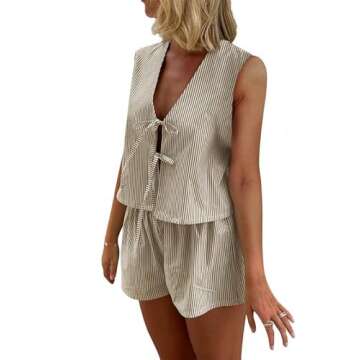 Women Casual Summer Lounge Set Y2k 2 Piece Outfits Set Sleeveless Tie Front Tank Top Vest Boxer Shor...