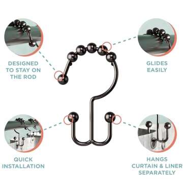 Zenna Home Metal Double Glide Shower Rings, Oil Rubbed Bronze – Set of 12 Heavy Duty, Rust-Resistant Shower Rings with Smooth Glide for Shower Curtains and Liners