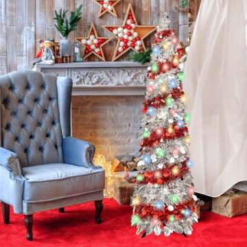 5FT Christmas Trees with 90 Lights, Collapsible Artificial Sequin Pop Up Christmas Tree, Tinsel Slim...