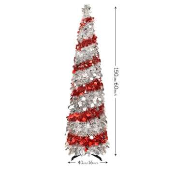 5FT Christmas Trees with 90 Lights, Collapsible Artificial Sequin Pop Up Christmas Tree, Tinsel Slim Pencil Christmas Tree for Home Holiday Fireplace Party Indoor Outdoor Xmas Decorations (Sliver&Red)