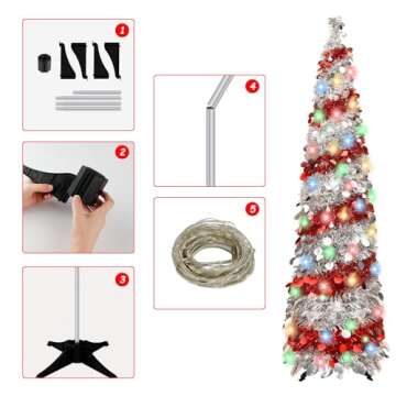5FT Christmas Trees with 90 Lights, Collapsible Artificial Sequin Pop Up Christmas Tree, Tinsel Slim Pencil Christmas Tree for Home Holiday Fireplace Party Indoor Outdoor Xmas Decorations (Sliver&Red)