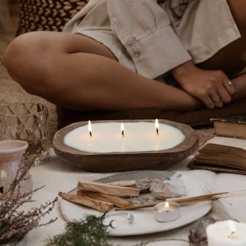 Dough Bowl Candle Co. Pumpkin Spice Soy Candle - 3 Wick Rustic Farmhouse Decor Odor Eliminator in Wooden Bowls, 20 Ounce Wooden Dough Bowl Candle, All-Natural Gifts for Women and Men