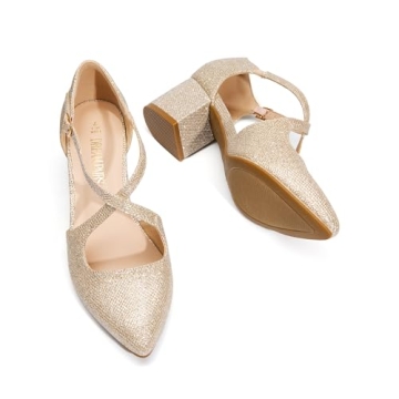 DREAM PAIRS Chunky Heel Pumps in Gold Glitter