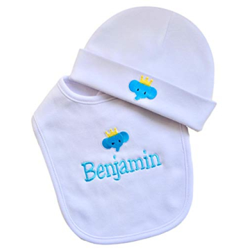 Funny Girl Designs Personalized ELEPHANT Baby Bib with Embroidered Name and Matching Cotton Hat Baby...