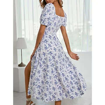 WDIRARA Floral Print Square Neck Dress Blue White