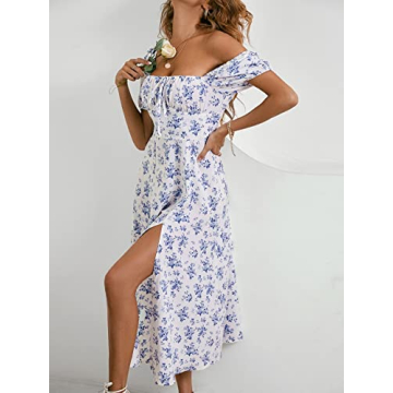 WDIRARA Floral Print Square Neck Dress Blue White