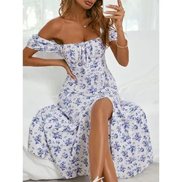WDIRARA Floral Print Square Neck Dress Blue White