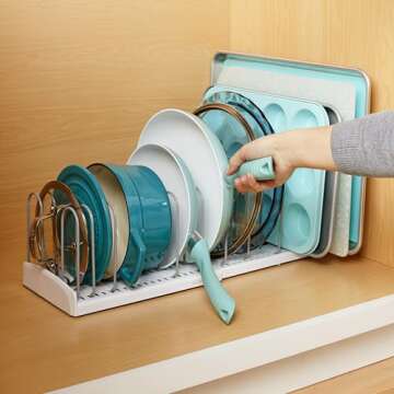 YouCopia StoreMore Expandable Pan and Lid Rack, Adjustable Pot Lids and Pans Organizer for Kitchen Storage, 12.5”-22” Wide