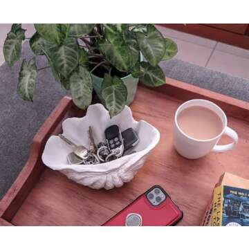 Huey House Small Clam Shell Sculpture Replica, 8.75" L x 5.6" W x 4.33" H, Handcrafted White Resin Seashell for Coastal Home Décor, or Trinkey Dish for Jewelry, or Keys