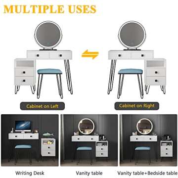 Vlsrka Makeup Vanity Set, Makeup Dressing Table with Round Lighted Mirror, Bedroom White Vanity Desk with 2 Large Drawers, Storage Cabinet, 3 Color Dimming Mirror, Cushioned Stool