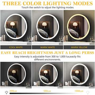 Vlsrka Makeup Vanity Set, Makeup Dressing Table with Round Lighted Mirror, Bedroom White Vanity Desk with 2 Large Drawers, Storage Cabinet, 3 Color Dimming Mirror, Cushioned Stool