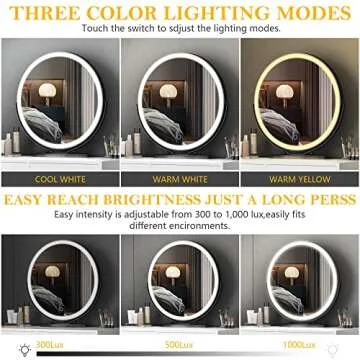 Vlsrka Makeup Vanity Set, Makeup Dressing Table with Round Lighted Mirror, Bedroom White Vanity Desk with 2 Large Drawers, Storage Cabinet, 3 Color Dimming Mirror, Cushioned Stool