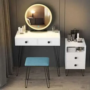 Vlsrka Makeup Vanity Set, Makeup Dressing Table with Round Lighted Mirror, Bedroom White Vanity Desk with 2 Large Drawers, Storage Cabinet, 3 Color Dimming Mirror, Cushioned Stool
