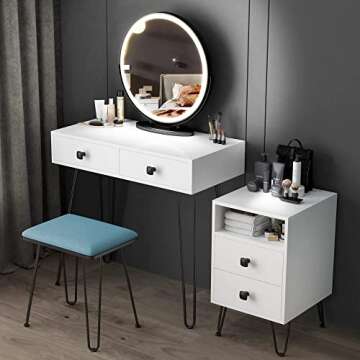 Vlsrka Makeup Vanity Set, Makeup Dressing Table with Round Lighted Mirror, Bedroom White Vanity Desk with 2 Large Drawers, Storage Cabinet, 3 Color Dimming Mirror, Cushioned Stool