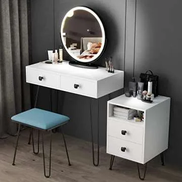 Vlsrka Makeup Vanity Set, Makeup Dressing Table with Round Lighted Mirror, Bedroom White Vanity Desk with 2 Large Drawers, Storage Cabinet, 3 Color Dimming Mirror, Cushioned Stool