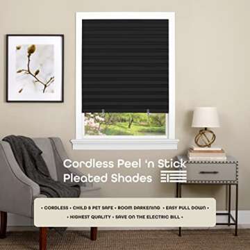 Cordless Room Darkening Temporary Pleated Vinyl Window Shades - 48 Inch Width, 75 Inch Length - Blac...