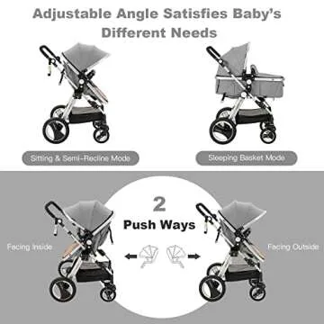 BABY JOY Baby Stroller, 2-in-1 Convertible Bassinet Reclining Stroller, Foldable Pram Carriage with 5-Point Harness, Including Cup Holder, Foot Cover, Diaper Bag, Aluminum Structure, Gray