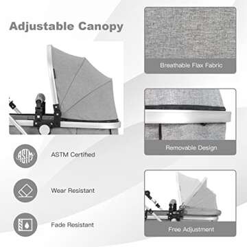 BABY JOY Baby Stroller, 2-in-1 Convertible Bassinet Reclining Stroller, Foldable Pram Carriage with 5-Point Harness, Including Cup Holder, Foot Cover, Diaper Bag, Aluminum Structure, Gray