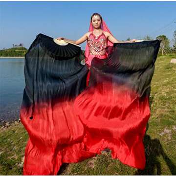 KIKIGOAL 1 Pair(Left+Right) Women Real Silk Belly Dance Fan Veil, Length 180cm Width 90cm (gradual red)