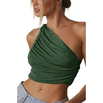 CHYRII Women Sexy Cute Sleeveless Ruched Crop Tops One Shoulder Sparkly Going Out Tops Army Green S