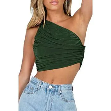 CHYRII Women Sexy Cute Sleeveless Ruched Crop Tops One Shoulder Sparkly Going Out Tops Army Green S