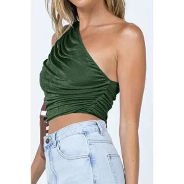 CHYRII Women Sexy Cute Sleeveless Ruched Crop Tops One Shoulder Sparkly Going Out Tops Army Green S