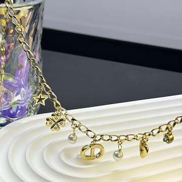 18k Gold Pearl Letter Lucky Charm Pendant Necklace for Women, Adjustable Chain with Heart, Star, Clo...