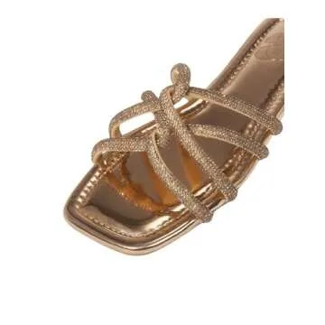OYOANGLE Women's Glitter Rhinestone Strappy Slides Metallic Square Toe Flat Sandals