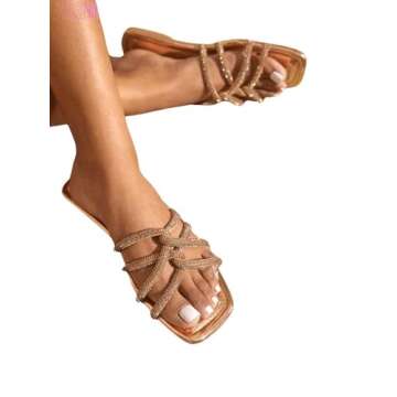 OYOANGLE Women's Glitter Rhinestone Strappy Slides Metallic Square Toe Flat Sandals
