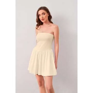 DURUNUL Tube Top Dress for Women Summer Solid Strapless Flowy Mini Dresses Patchwork Pleated Drop Waist Flared Party Dress Beige