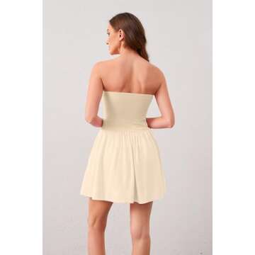 DURUNUL Tube Top Dress for Women Summer Solid Strapless Flowy Mini Dresses Patchwork Pleated Drop Waist Flared Party Dress Beige