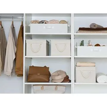 StorageWorks Storage Bins with Lid and Soft Rope Handles, Foldable Storage Basket, Mixing of Beige, White & Ivory, 3-Pack, Large,15.25x10.75x8.5 inches (LxWxH)