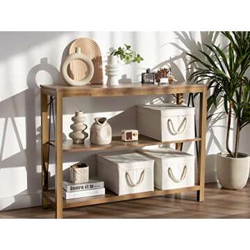 StorageWorks Storage Bins with Lid and Soft Rope Handles, Foldable Storage Basket, Mixing of Beige, White & Ivory, 3-Pack, Large,15.25x10.75x8.5 inches (LxWxH)