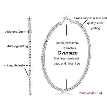 EFTOM Large Rhinestone Hoop Earrings Silver Big Hoop Earrings for Women 100mm
