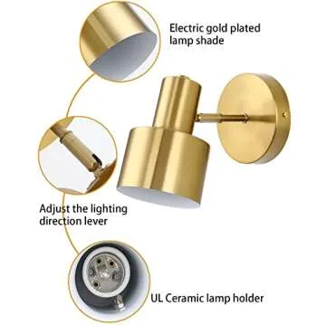 Wall Sconces Set of Two Gold Modern Wall Light Fixtures Industrial Vintage E26 Wall Lamp Fixture Brass Adjustable Wall Lights Bedside lamp Bathroom Vanity Lights