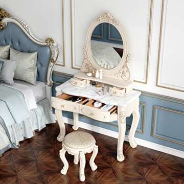 PUREUV Makeup Vanity with LED 3-Color Touch Light Mirror,Makeup Desk with Cushioned Stool,White Makeup Vanity with Storage for Women (Color : Heart Shaped Mirror, Size : 80cm/31.5")