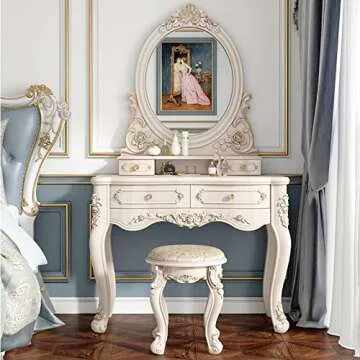 PUREUV Makeup Vanity with LED 3-Color Touch Light Mirror,Makeup Desk with Cushioned Stool,White Makeup Vanity with Storage for Women (Color : Heart Shaped Mirror, Size : 80cm/31.5")