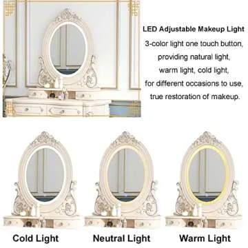 PUREUV Makeup Vanity with LED 3-Color Touch Light Mirror,Makeup Desk with Cushioned Stool,White Makeup Vanity with Storage for Women (Color : Heart Shaped Mirror, Size : 80cm/31.5")