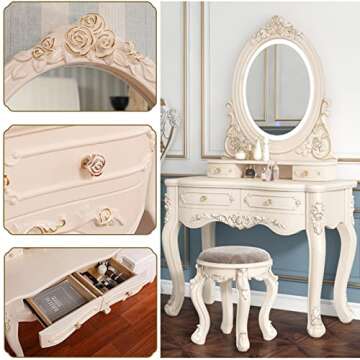 PUREUV Makeup Vanity with LED 3-Color Touch Light Mirror,Makeup Desk with Cushioned Stool,White Makeup Vanity with Storage for Women (Color : Heart Shaped Mirror, Size : 80cm/31.5")