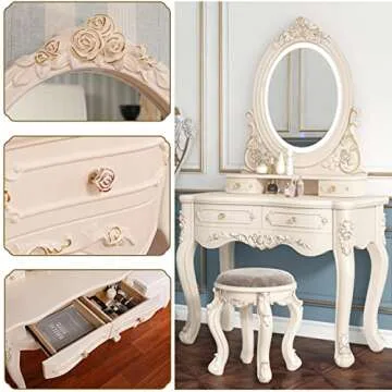 PUREUV Makeup Vanity with LED 3-Color Touch Light Mirror,Makeup Desk with Cushioned Stool,White Makeup Vanity with Storage for Women (Color : Heart Shaped Mirror, Size : 80cm/31.5")