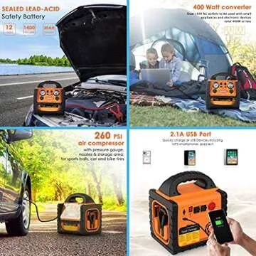 Portable Car Jump Starter 1400 Amp High Performance Power Station with Double AC 110 Volt Inverter O...