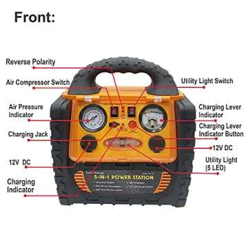 Portable Car Jump Starter 1400 Amp High Performance Power Station with Double AC 110 Volt Inverter Outlets 400W, 260 PSI Air Compressor, Double DC Sockets 12V/11A, 5V/2.1A USB Ports