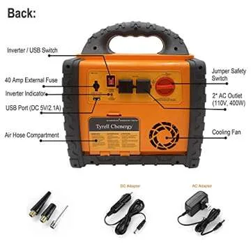 Portable Car Jump Starter 1400 Amp High Performance Power Station with Double AC 110 Volt Inverter Outlets 400W, 260 PSI Air Compressor, Double DC Sockets 12V/11A, 5V/2.1A USB Ports