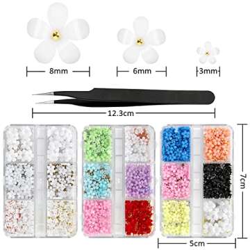 3D Flower Nail Charms, 3 Boxes 3D Acrylic Flower Nail Art Rhinestones with Gold Silver Pearl Beads T...