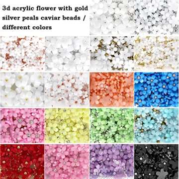 3D Flower Nail Charms, 3 Boxes 3D Acrylic Flower Nail Art Rhinestones with Gold Silver Pearl Beads Tweezers Included Spring Blossom Petal for DIY Nail Decorations