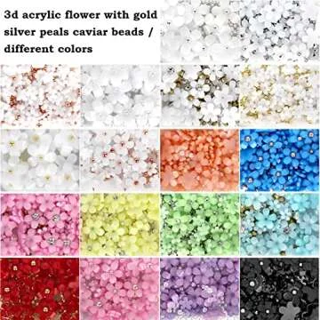 3D Flower Nail Charms, 3 Boxes 3D Acrylic Flower Nail Art Rhinestones with Gold Silver Pearl Beads Tweezers Included Spring Blossom Petal for DIY Nail Decorations